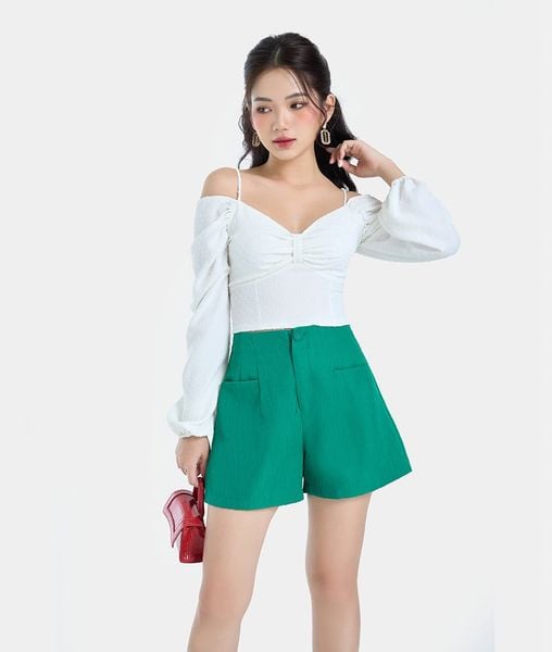 Áo kiểu croptop bẹt vai tay phồng