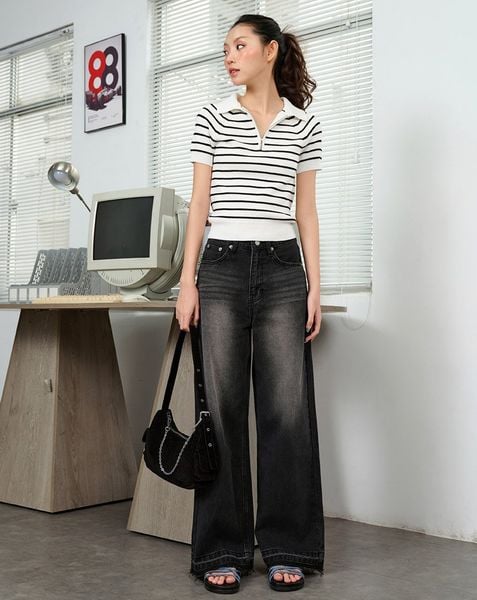  Áo dệt kim sọc ngang cổ polo 