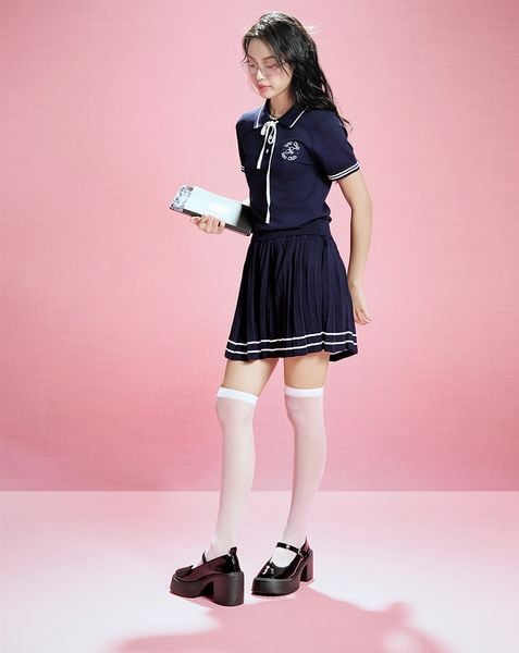  Chân váy mini dệt kim xếp ly 