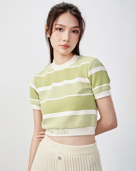 Áo crop sọc tay ngắn phối lai 