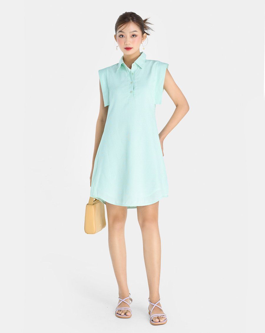 Đầm mini cổ sơ mi vai chờm
