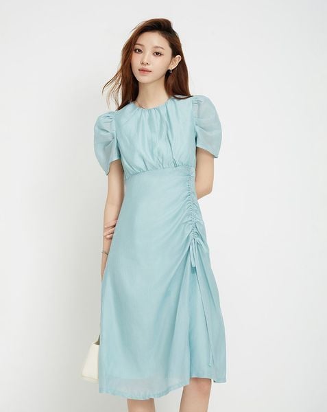 Đầm lửng rút nhún tay phồng
