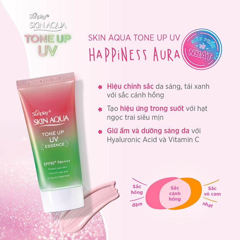 Tinh Chất Chống Nắng Hiệu Chỉnh Sắc Da Sunplay Skin Aqua Tone Up UV Essence Happiness Aura - Rose SPF 50+/Pa++++ 50g