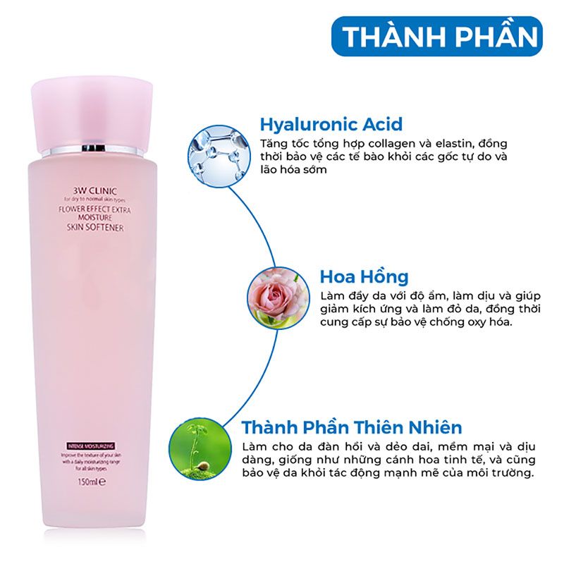 Nước Hoa Hồng 3W Clinic Hỗ Trợ Dưỡng Trắng Da Flower Effect Extra Moisture Skin Softener 150ml