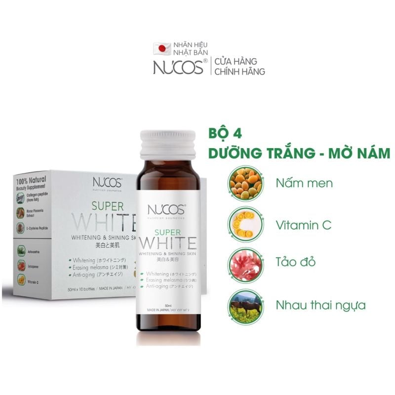 [Tặng kèm 2 chai] [Hộp 10 chai] Nước Uống Trắng Da, Mờ Thâm Nám Nhật Bản Nucos Super White Whitening & Shining Skin