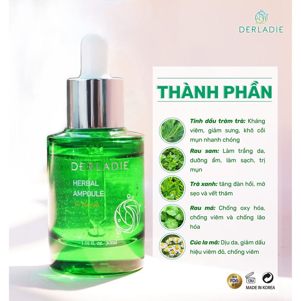 Serum Derladie Tinh Chất Thảo Dược Hỗ Trợ Giảm Mụn Derladie Herbal Ampoule For Blemish 30ml