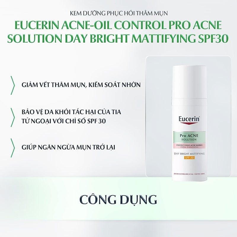 Kem Dưỡng Eucerin Ban Ngày Cải Thiện Thâm Mụn, Kiểm Soát Dầu Acne-Oil Control Pro Acne Solution Day Bright Mattifying SPF30 50ml