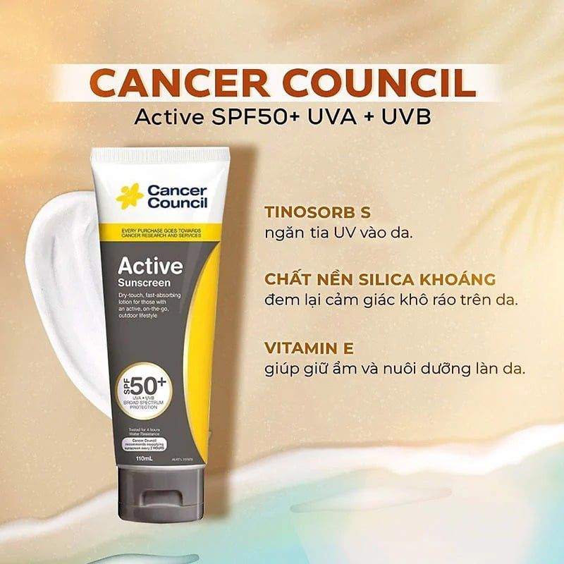 Kem Chống Nắng Cancer Council Năng Động Bảo Vệ Da Tránh Tia UV Active Sunscreen SPF50+/PA++++ #SENSITIVE 110ml