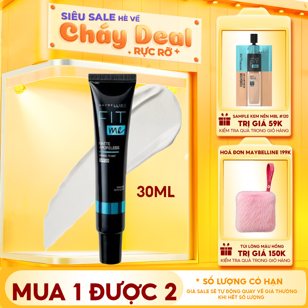 Kem Lót Maybelline Kiềm Dầu, Lâu Trôi, Ngăn Xuống Tông Fit Me Matte + Poreless 16H Mattifying Primer 30ml