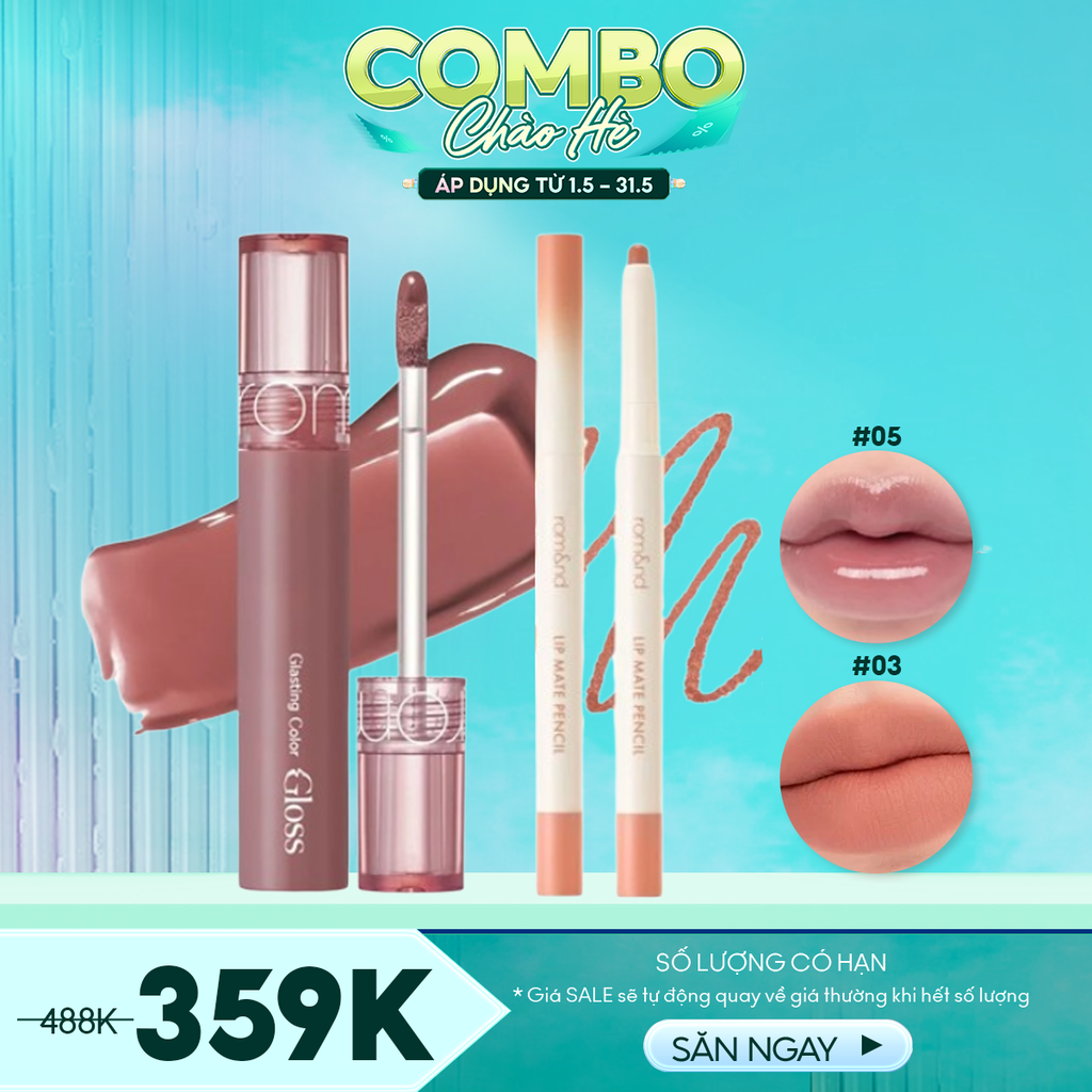 Combo Romand 2 - 2 Sản Phẩm ( Son Bóng Thuần Chay Romand GLOSS #05 + Chì Kẻ Viền Môi Romand #03)