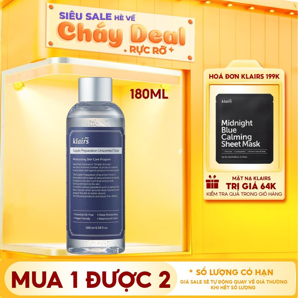 Nước Hoa Hồng Klairs Không Mùi Dưỡng Ẩm, Làm Dịu Da Supple Preparation Unscented Toner 180ml