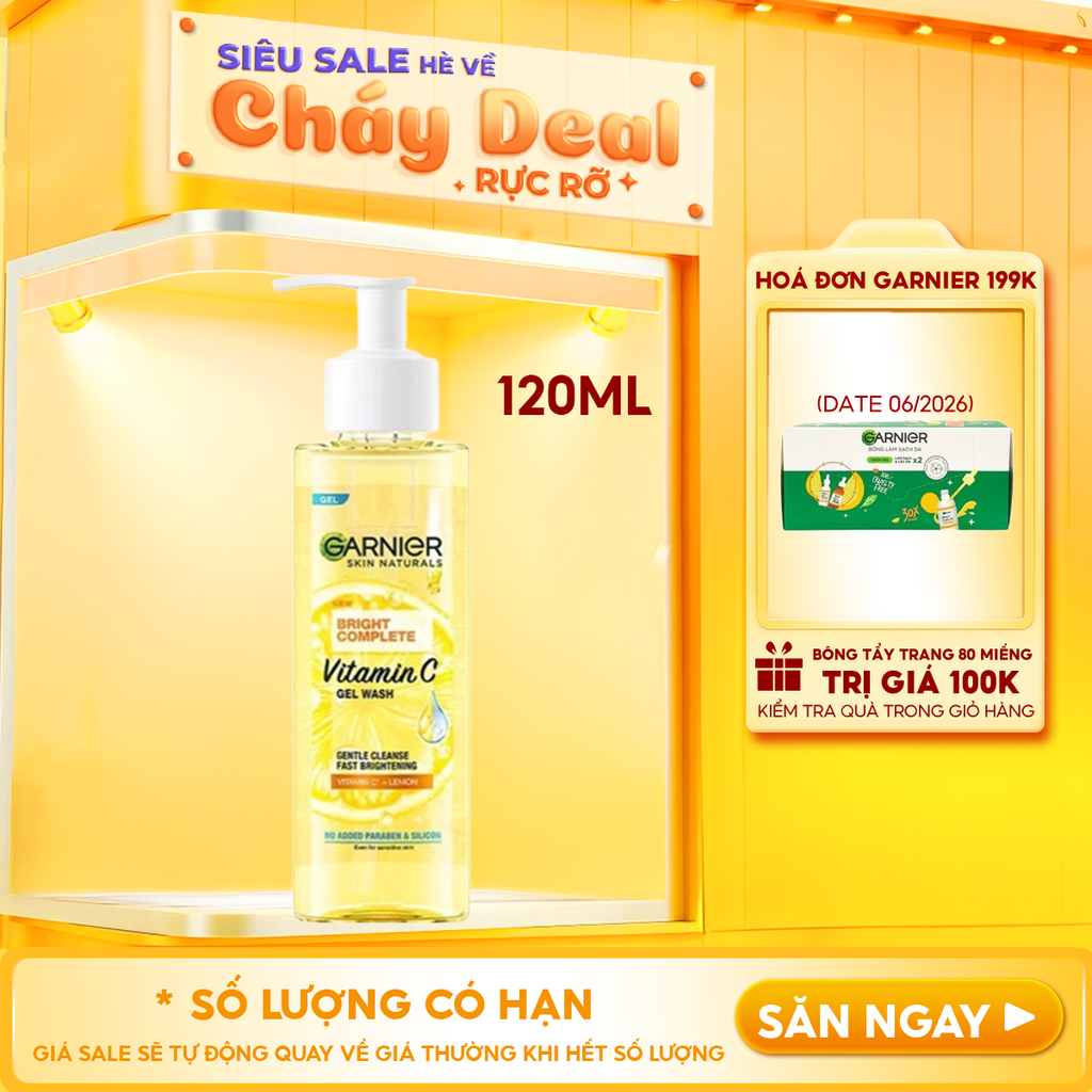 Gel Rửa Mặt Garnier Vitamin C Sạch Sâu Dịu Nhẹ Sáng Da Skin Naturals Bright Complete Vitamin C Gel Wash 120ml