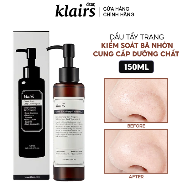  Dầu Tẩy Trang Klairs Kiểm Soát Bã Nhờn, Cung Cấp Dưỡng Chất Cho Da Gentle Black Deep Cleansing Oil 150ml 