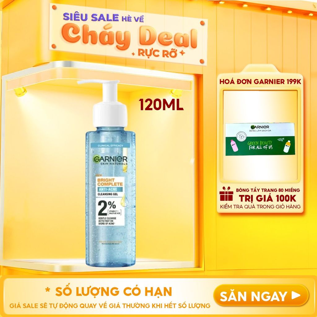 Sữa Rửa Mặt Dạng Gel Garnier Dịu Nhẹ Cho Da Dầu Mụn Skin Naturals Bright Complete Anti-Acne Cleansing Gel 120ml