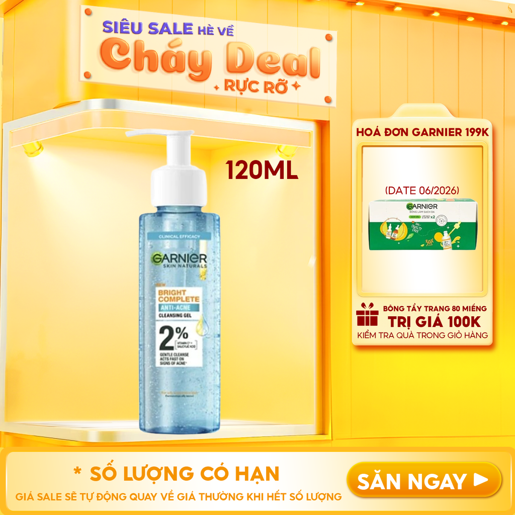 Sữa Rửa Mặt Dạng Gel Garnier Dịu Nhẹ Cho Da Dầu Mụn Skin Naturals Bright Complete Anti-Acne Cleansing Gel 120ml