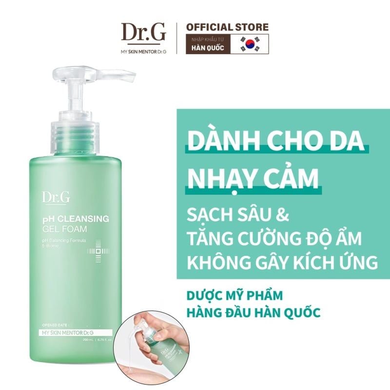 Sữa Rửa Mặt Dạng Gel Tạo Bọt Dịu Nhẹ, Làm Sạch Sâu, Cấp Ẩm, Cho Da Nhạy Cảm Dr.G pH Cleansing Gel Foam 200ml