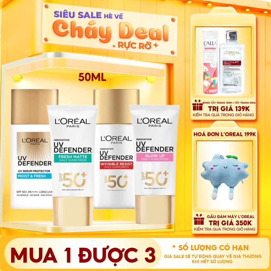 Kem Chống Nắng L'Oreal Mịn Nhẹ, Bảo Vệ Da, Ngăn Ngừa Lão Hóa UV Defender Serum Protector SPF 50+/PA++++