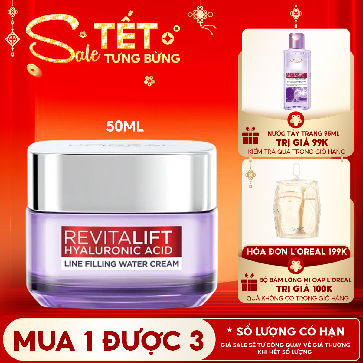 Kem Dưỡng Cấp Ẩm, Cải Thiện Nếp Nhăn L'oreal Revitalift Hyaluronic Acid Line Filling Water Cream