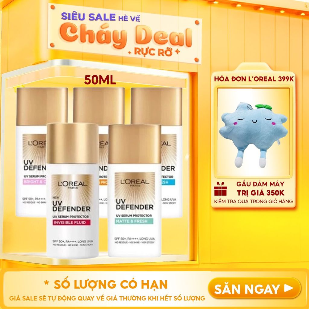 Kem Chống Nắng L'Oreal Mịn Nhẹ, Bảo Vệ Da, Ngăn Ngừa Lão Hóa UV Defender Serum Protector SPF 50+/PA++++
