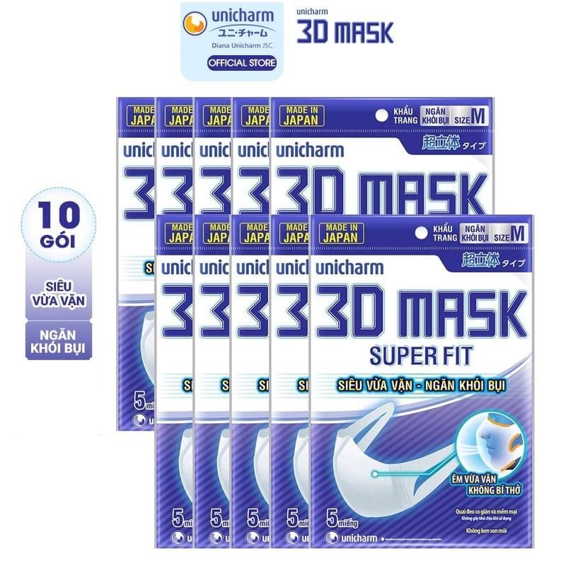 [Gói 5 Cái] Khẩu Trang Siêu Vừa Vặn Ngăn Khói Bụi Unicharm 3D Mask Super Fit