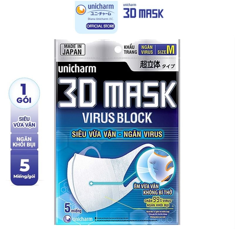 [Gói 5 cái] Khẩu Trang Chống Khói Bụi Và Virus Unicharm 3D Mask Virus Block