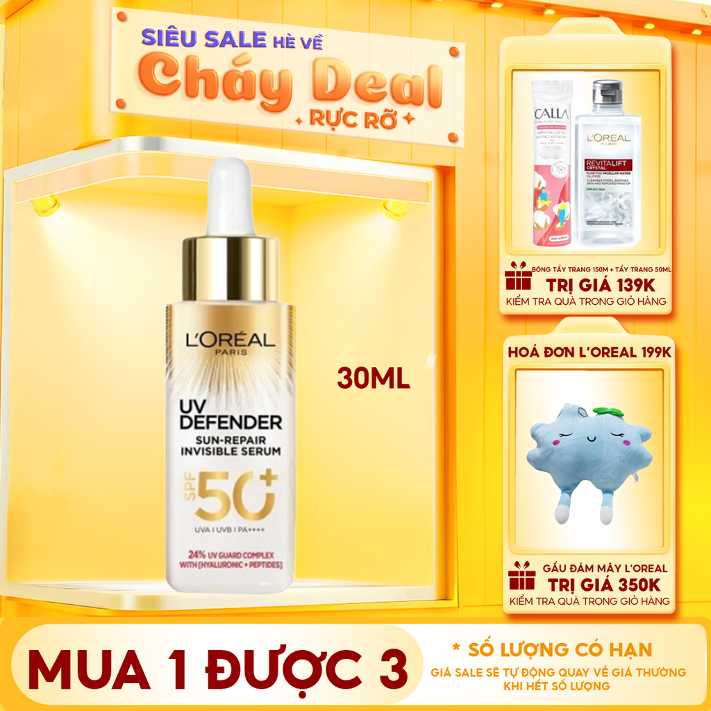 Serum Chống Nắng L'oreal Phổ Rộng, Mỏng Nhẹ, Hỗ Trợ Cải Thiện Da UV Defender Sun-Repair Invisible Serum SPF 50+ PA++++ 30ml