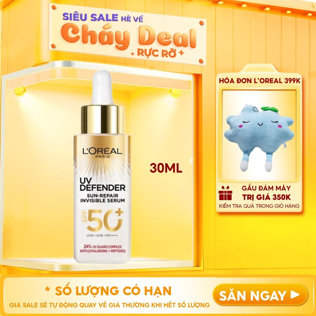 Serum Chống Nắng L'oreal Phổ Rộng, Mỏng Nhẹ, Hỗ Trợ Cải Thiện Da UV Defender Sun-Repair Invisible Serum SPF 50+ PA++++ 30ml