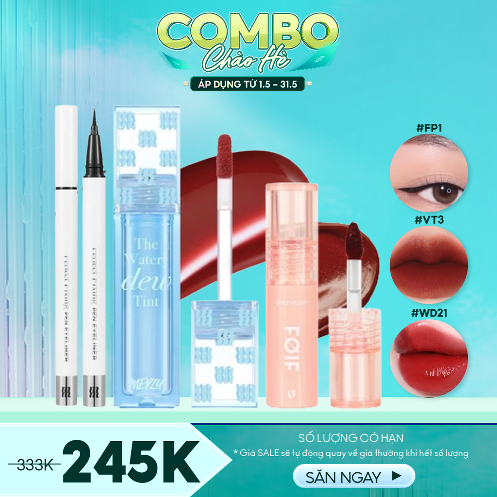 Combo Merzy 1 - 3 Sản Phẩm (Bút Kẻ Mắt Merzy FP1 + Son Kem Mini FOIF VT3 + Son Tint Bóng Merzy Watery WD21)