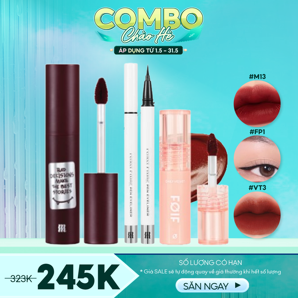 Combo Merzy 2 - 3 Sản Phẩm (Son Kem Merzy M13 + Kẻ Mắt Merzy FP1 + Son Kem Mini Foif VT3)