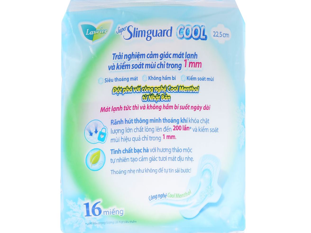 [Tặng Kèm 4 Miếng] Băng Vệ Sinh Laurier Siêu Mỏng Có Cánh Mát Lạnh Super Slimguard Cool 22.5cm - 16 Miếng (Che tên sản phẩm khi giao hàng)
