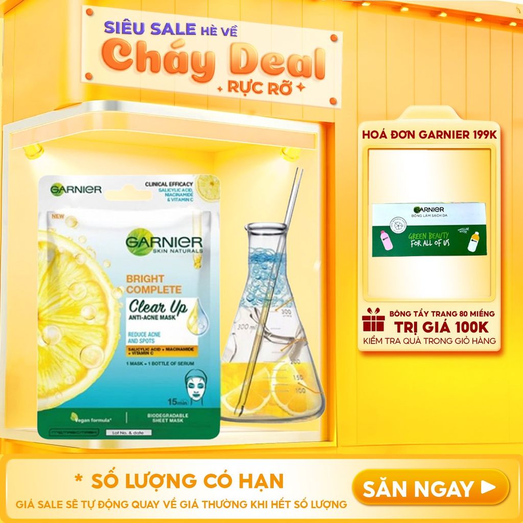 Mặt Nạ Garnier Giảm Mụn, Hỗ Trợ Sáng Da Bright Complete Clear Up Anti-Acne Serum Mask 23g