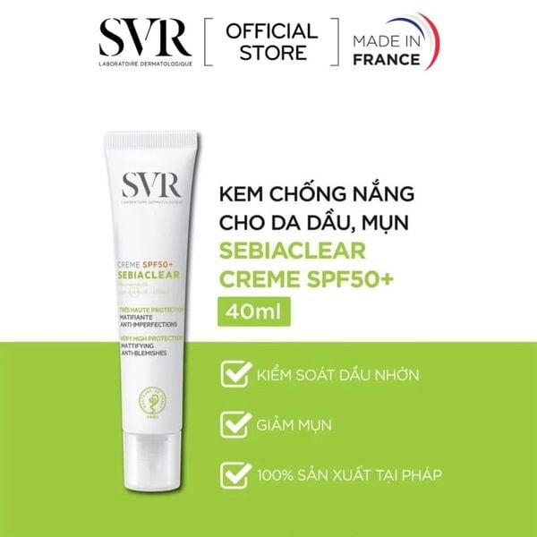  Kem Chống Nắng SVR Hỗ Trợ Giảm Mụn, Kiểm Soát Dầu Nhờn Sebiaclear Crème SPF50+ 40ml 