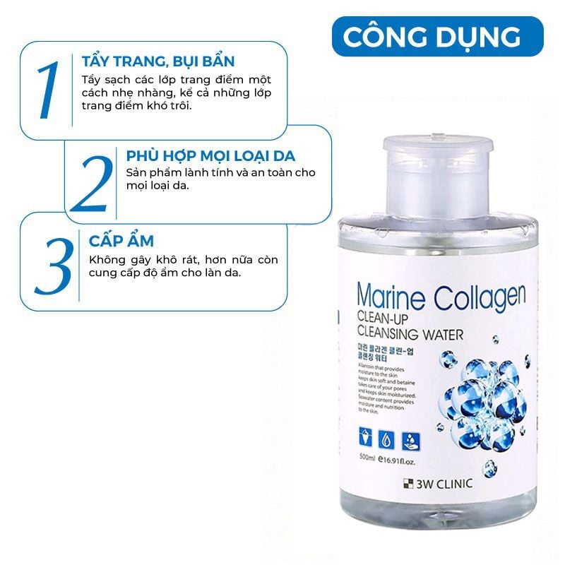 Nước Tẩy Trang 3W Clinic Collagen Biển Marine Collagen Clean-Up Cleansing Water 500ml