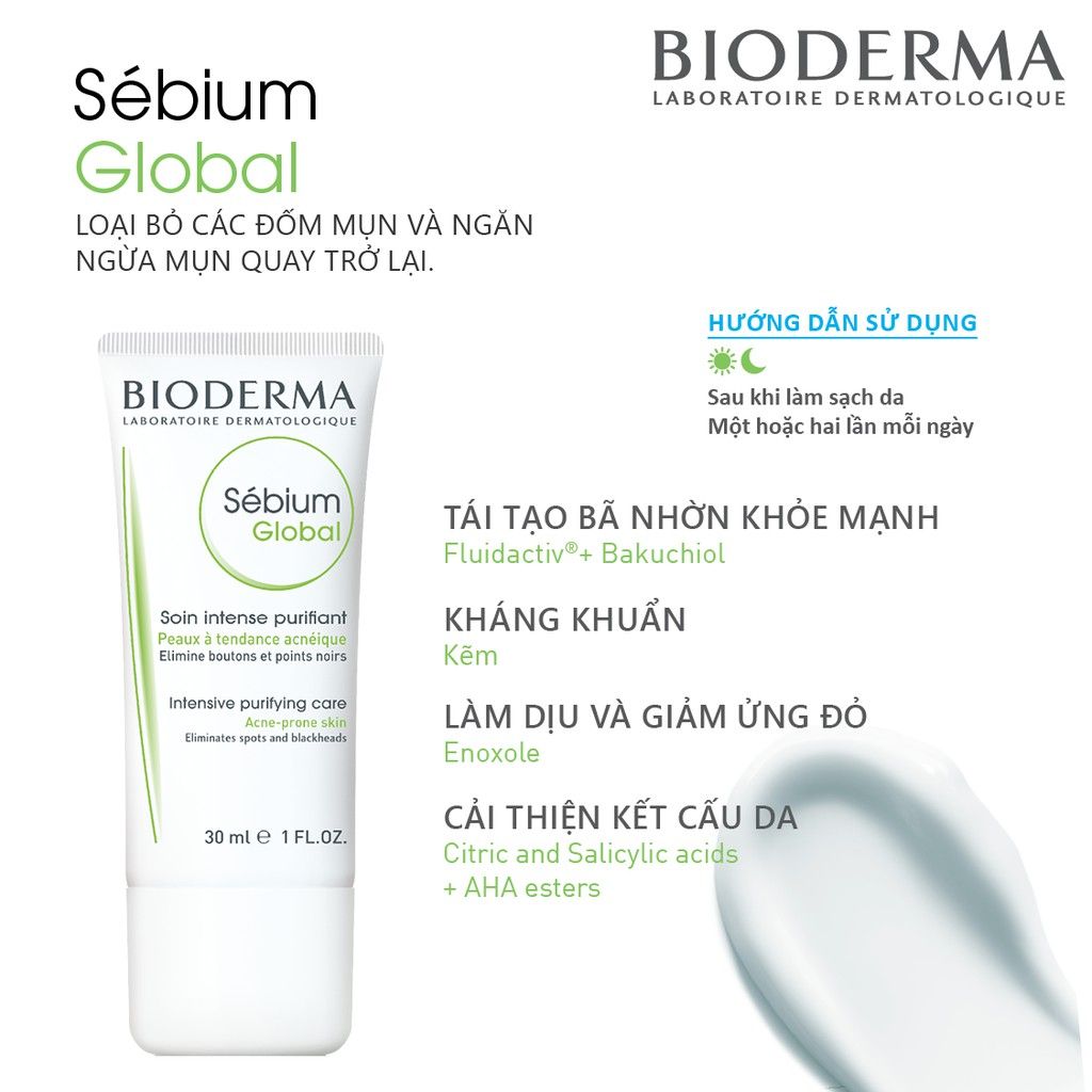 Kem Dưỡng Giảm Mụn, Hỗ Trợ Giảm Mụn Bioderma Sebium Global 30ml (date 3/2025)