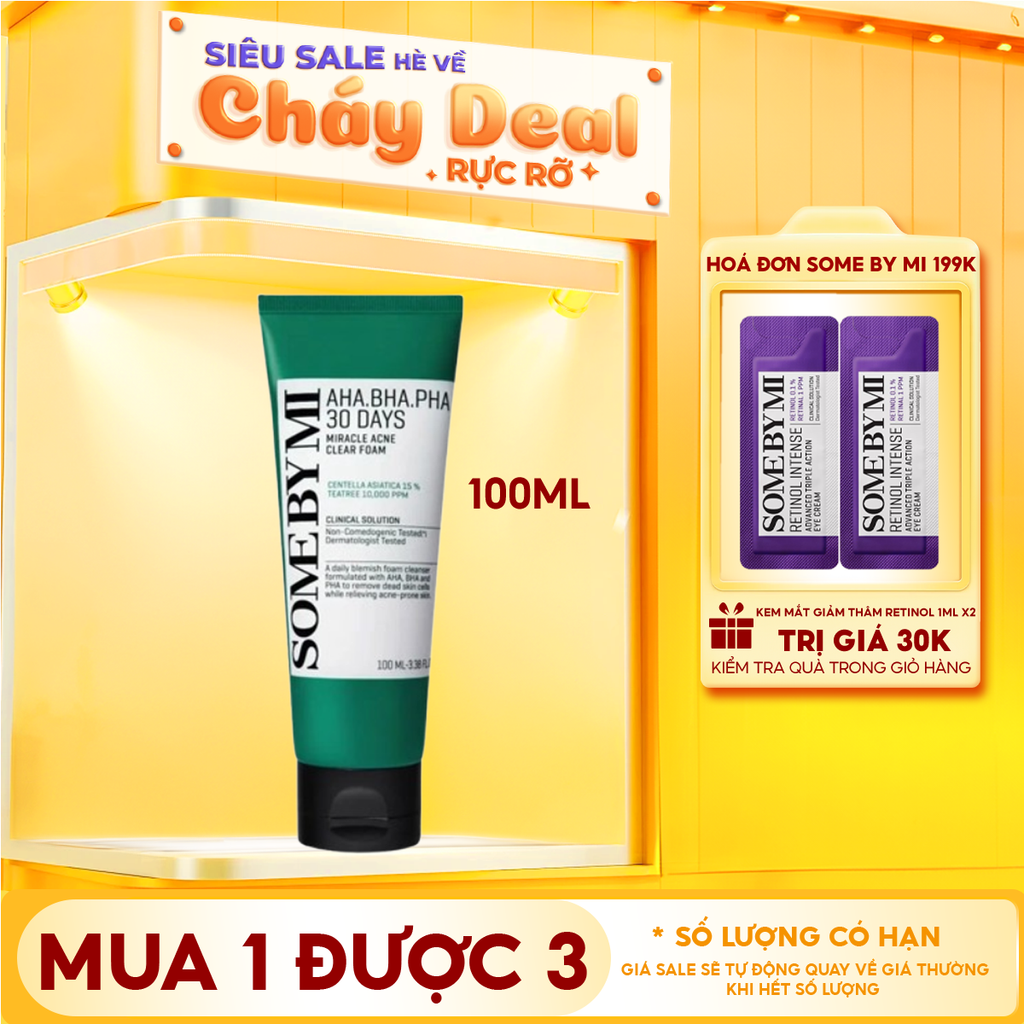 Sữa Rửa Mặt Some By Mi Tạo Bọt, Hạn Chế Mụn AHA-BHA-PHA 30 Days Miracle Acne Clear Foam 100ml