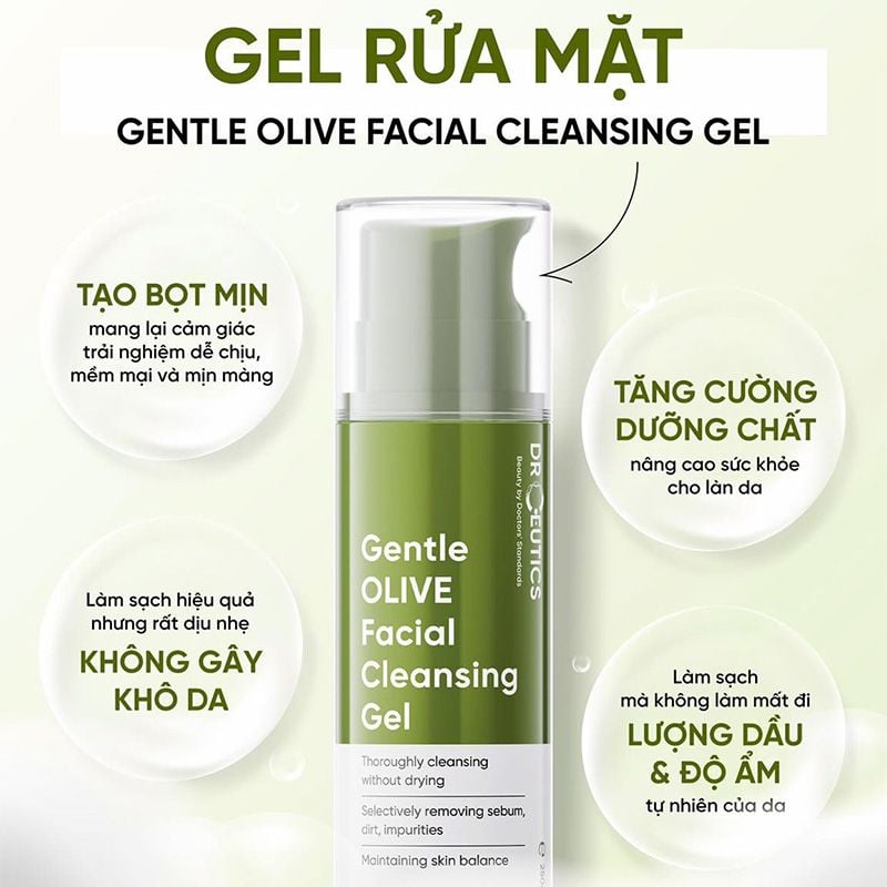 Gel Rửa Mặt Drceutics Tạo Bọt, Làm Sạch Dịu Nhẹ, Dưỡng Ẩm Gentle Olive Facial Cleansing Gel 250g