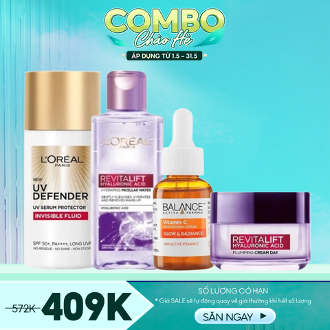 Combo Chống Nắng - 4 Sản Phẩm (Kem Chống Nắng L'oreal Invisible Fluid 50ml + Tinh Chất Balance Vitamin C 30ml + Tẩy Trang L'oreal 95ml + Kem Dưỡng Mini L'oreal 15ml)