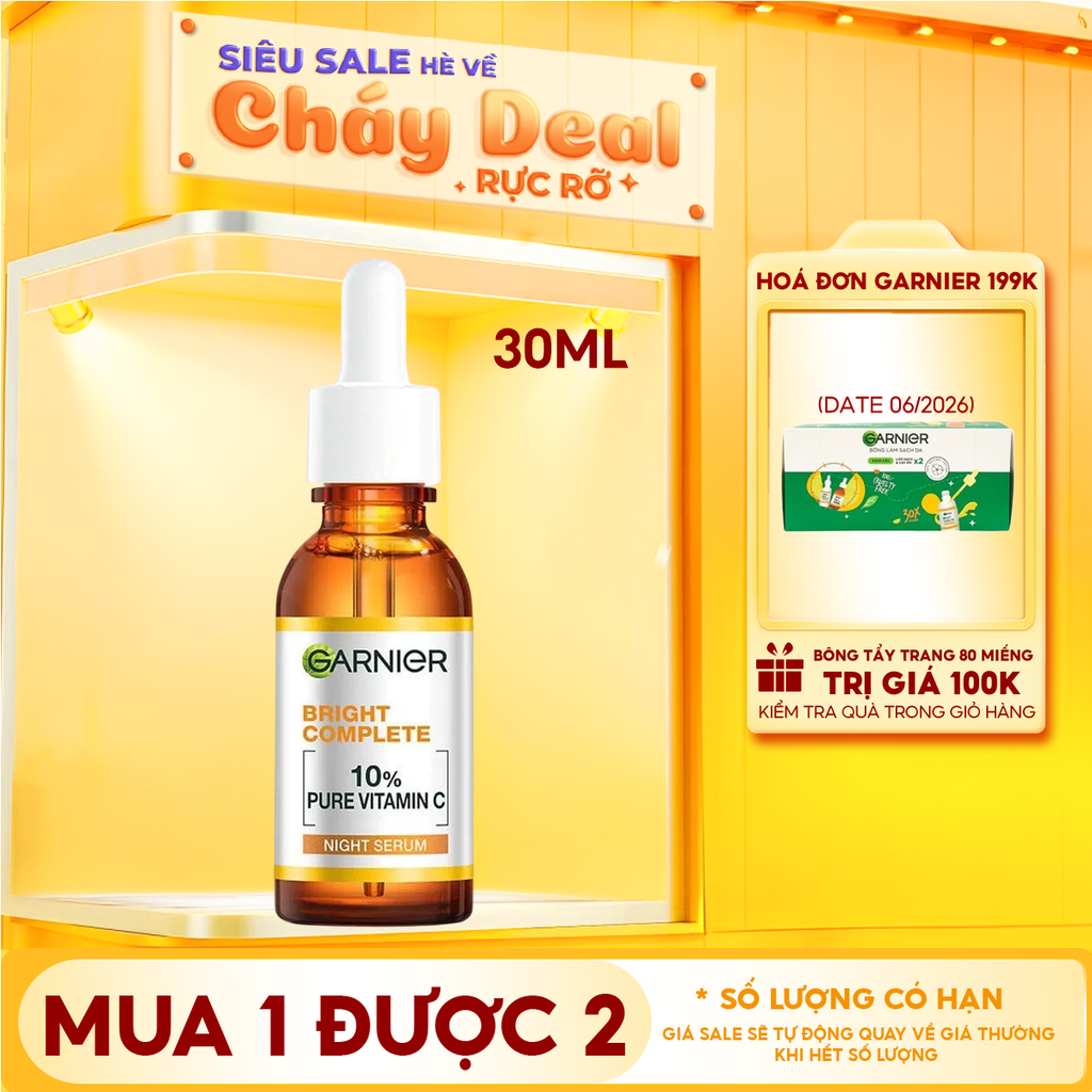 Serum Garnier Hỗ Trợ Sáng Da, Mờ Thâm Ban Đêm Skin Naturals Bright Complete Overnight Booster Serum 30ml