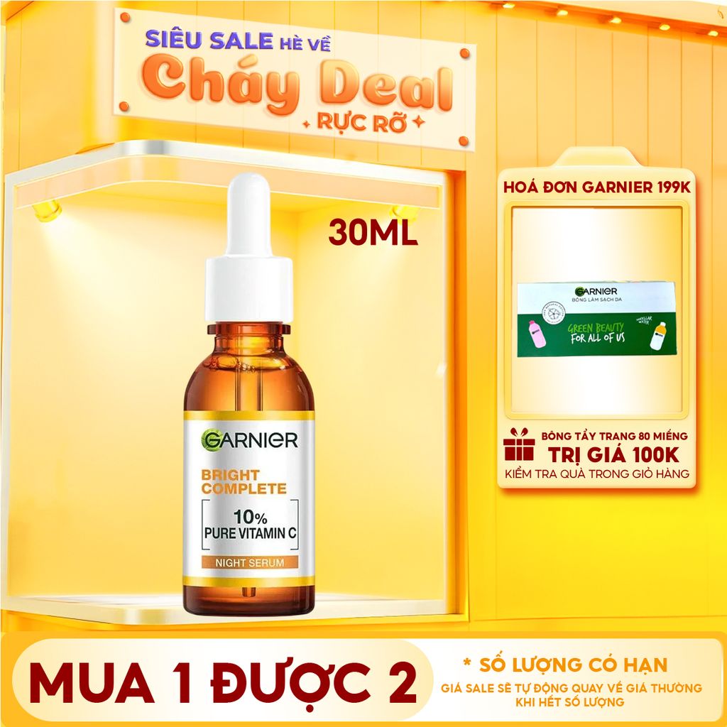 Serum Garnier Hỗ Trợ Sáng Da, Mờ Thâm Ban Đêm Skin Naturals Bright Complete Overnight Booster Serum 30ml