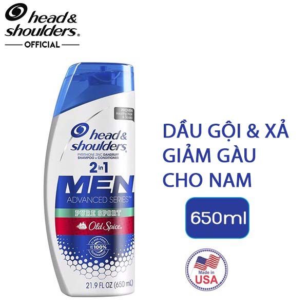 [650ml] Dầu Gội Và Xả Head & Shoulders Hỗ Trợ Giảm Gàu Men Advanced Series Pure Sport Old Spice 2in1 Pyrithione Zinc Dandruff Shampoo +Conditioner