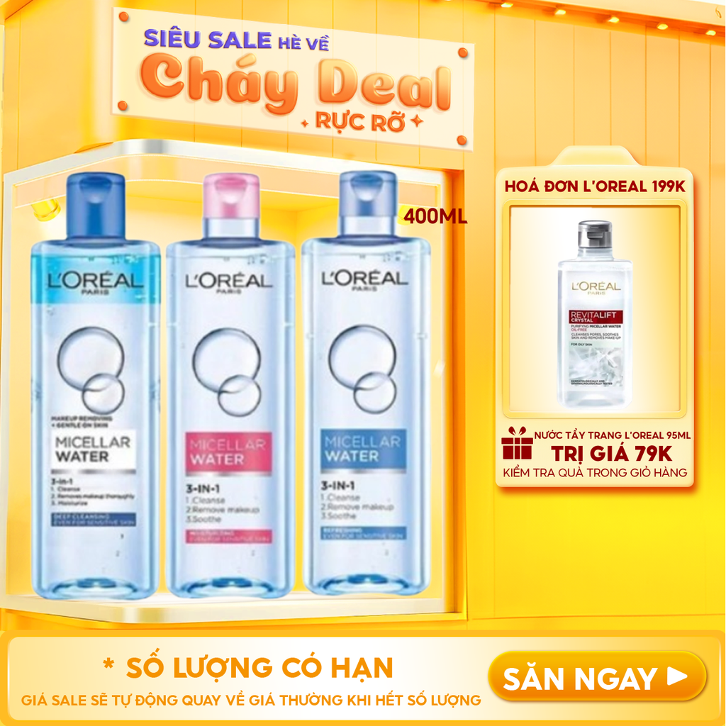 Nước Tẩy Trang L'Oreal Làm Sạch Tươi Mát, Dưỡng Ẩm Cho Da 3-in-1 Micellar Water