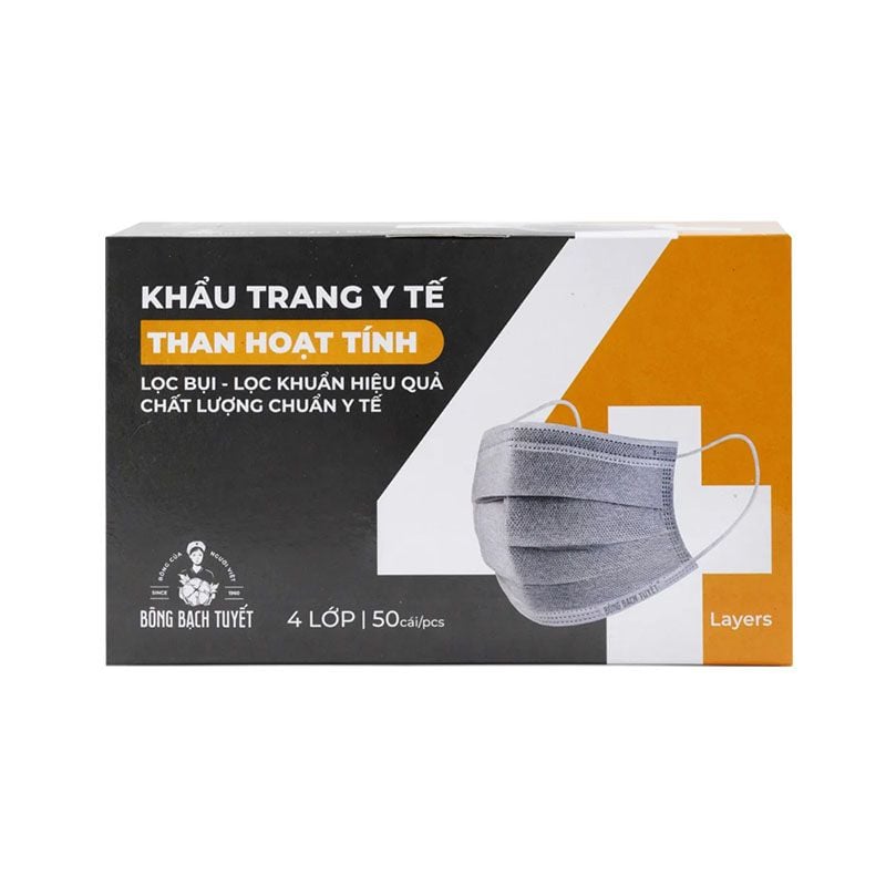 [HỘP 50 CÁI] Khẩu Trang Y Tế Người Lớn Than Hoạt Tính 4 Lớp Lọc Bụi, Lọc Khuẩn Hiệu Quả Bông Bạch Tuyết