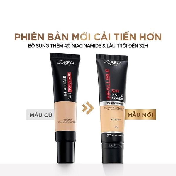  Kem Nền L'Oreal Che Phủ Cao, Kiềm Dầu, Lâu Trôi Với 4% Niacinamide Infallible 32H Matte Cover Foundation SPF25 PA+++ 30ml 
