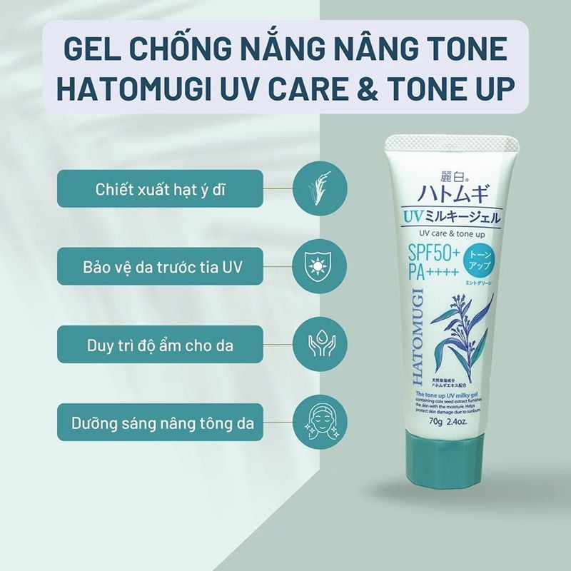 Kem Chống Nắng Hatomugi Nâng Tông Dành Cho Da Dầu Màu Xanh Bạc Hà UV Care & Tone Up Milky Gel SPF50+ PA++++ Mint Green 70g