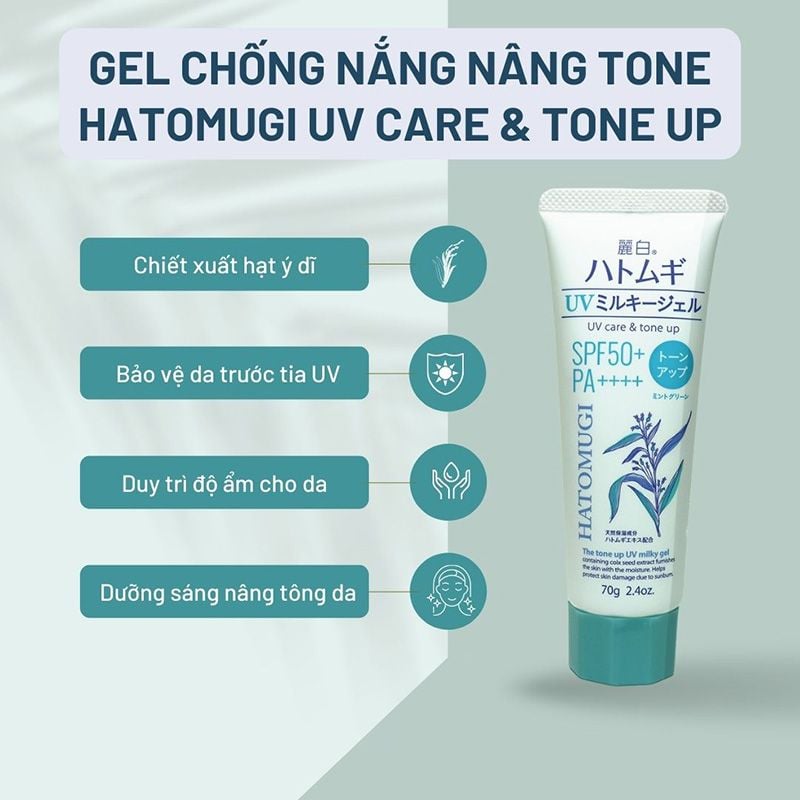 Kem Chống Nắng Nâng Tông Dành Cho Da Dầu Màu Xanh Bạc Hà Hatomugi UV Care & Tone Up Milky Gel SPF50+ PA++++ Mint Green 70g