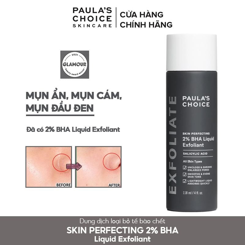 Tẩy Tế Bào Chết Hóa Học Thu Nhỏ Lỗ Chân Lông, Giảm Mụn Đầu Đen Và Mụn Ẩn Paula's Choice Skin Perfecting 2% BHA Liquid Exfoliant