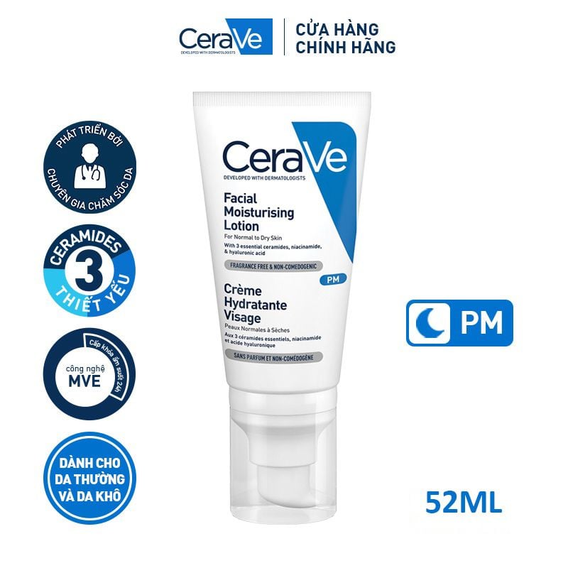 Sữa Dưỡng Ẩm Ban Đêm Dành Cho Da Khô Cerave Developed With Dermatologists Facial Moisturising Lotion PM 52ml