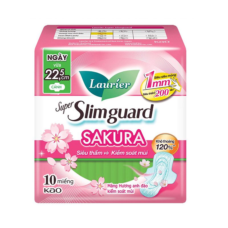 Băng Vệ Sinh Siêu Mỏng Bảo Vệ, Hương Anh Đào Laurier Super Slimguard 22,5cm - 10 Miếng (Che tên sản phẩm khi giao hàng)