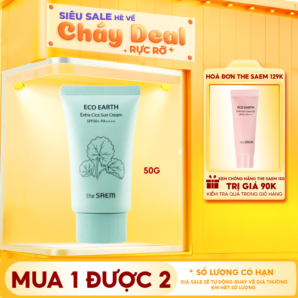 Kem Chống Nắng The Saem Nâng Tông, Cân Bằng Ẩm, Chiết Xuất Rau Má Eco Earth Extra Cica Sun Cream SPF50+/PA++++ 50g