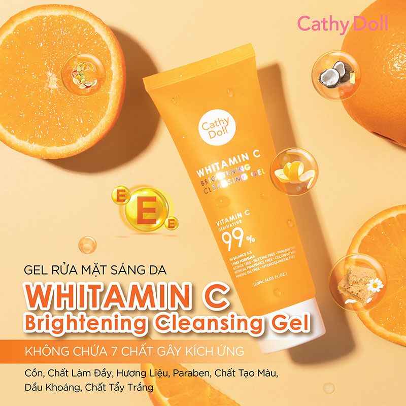 Gel Rửa Mặt Cathy Doll Vitamin C Hỗ Trợ Dưỡng Sáng Da, Mờ Thâm Whitamin C Brightening Cleansing Gel 120ml
